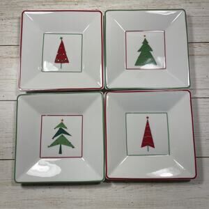 Set of 4 CRATE & BARREL Red Green Holiday Christmas Tree Appetizer Plates